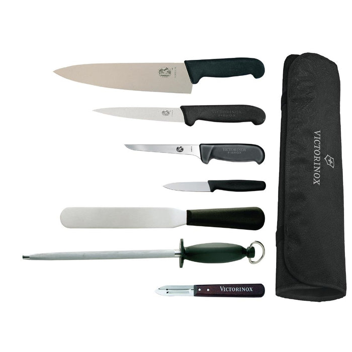 Contains: Cooks Knife, Fillet Knife, Palette Knife, Boning Knife, Paring Knife, Steel, Peeler and Wallet