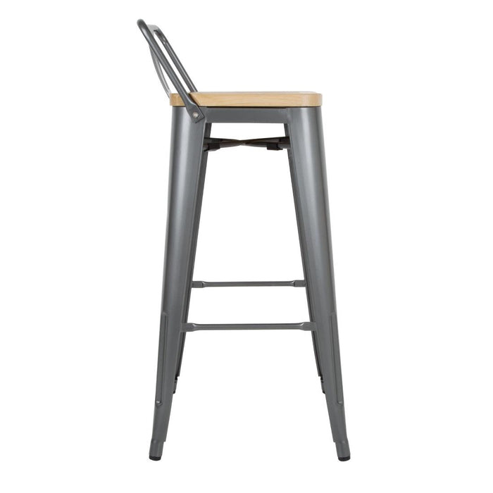 Bolero Bistro Backrest High Stools with Wooden Seat Pad Gun Metal (4 Pack) Bolero
