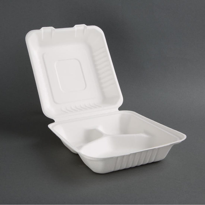 Fiesta Compostable Bagasse Hinged 3-Compartment Food Containers 201mm (200 Pack) Fiesta Compostable