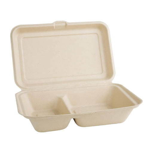 Fiesta Compostable Bagasse Two-Compartment Hinged Food Containers Natural Colour 253mm (200 Pack) Fiesta Compostable