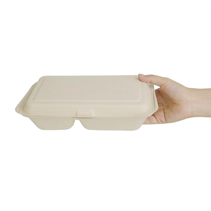 Fiesta Compostable Bagasse Two-Compartment Hinged Food Containers Natural Colour 253mm (200 Pack) Fiesta Compostable