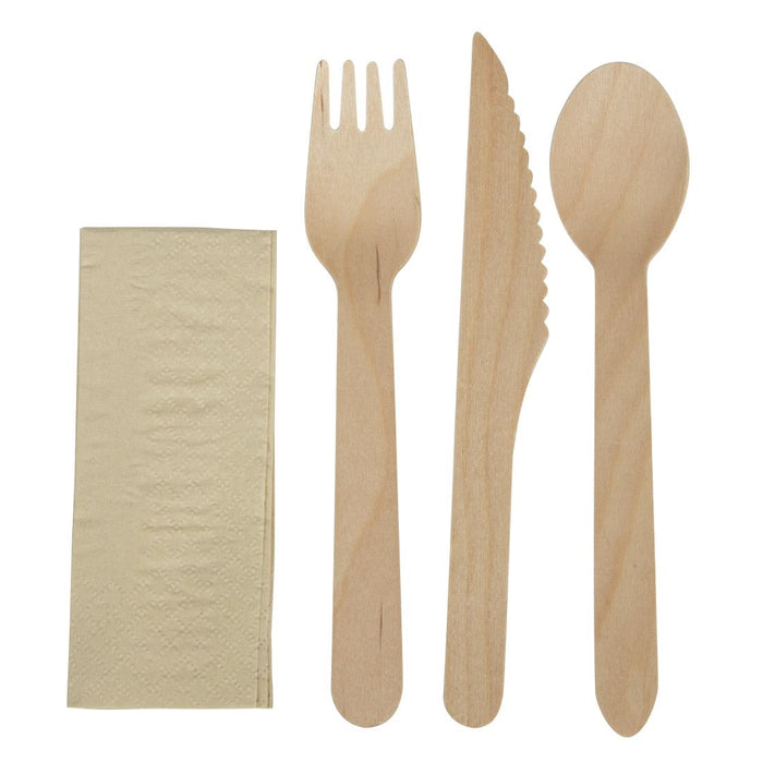 Pack Quantity: 250. Contains 1 x Fork, 1 x Knife, 1 x Spoon and 1 x Napkin