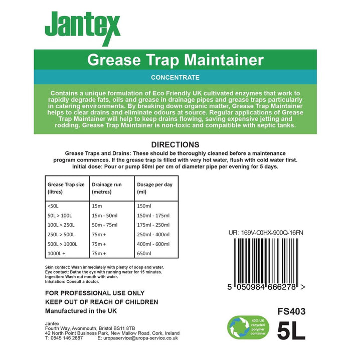 Jantex Green Grease Trap Maintainer Concentrate 5Ltr Jantex
