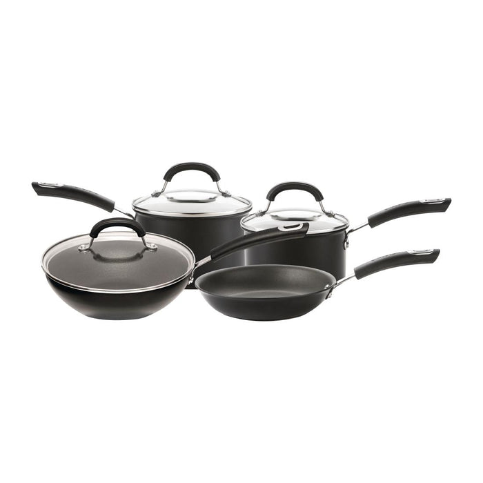 Includes 16cm Saucepan, 18cm Saucepan, 24cm covered Stir-fry, 22cm Skillet. Material: Anodised aluminium. Induction compatible. Lids included.
