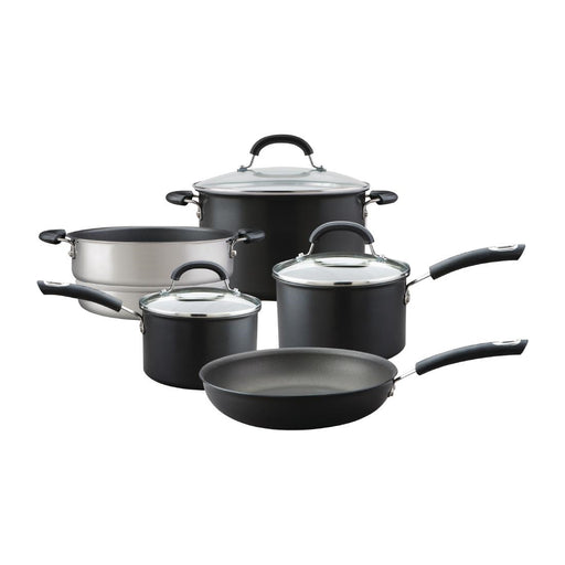 Includes 16cm Saucepan, 18cm Saucepan, 20cm Saucepan, 25cm Skillet, 20ucm Steamer Insert. Material: Anodised aluminium. Induction compatible. Lids included.