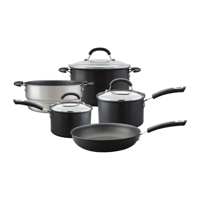 Includes 16cm Saucepan, 18cm Saucepan, 20cm Saucepan, 25cm Skillet, 20ucm Steamer Insert. Material: Anodised aluminium. Induction compatible. Lids included.