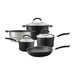 Includes 16cm Saucepan, 18cm Saucepan, 20cm Saucepan, 25cm Skillet, 20ucm Steamer Insert. Material: Anodised aluminium. Induction compatible. Lids included.