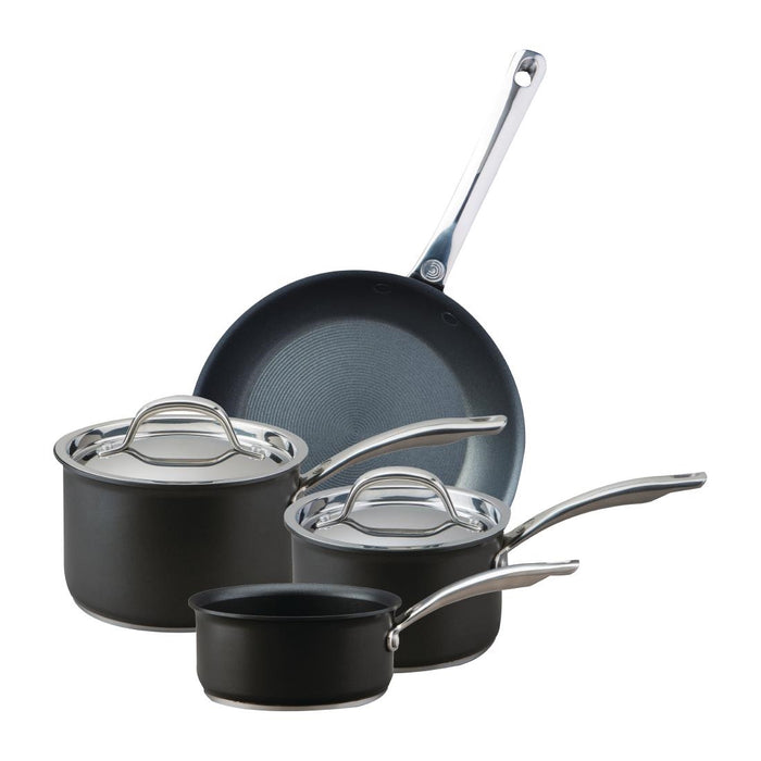 Includes 16cm Milk pan, 16cm Saucepan, 18cm Saucepan, 26cm Skillet. Size:12cm. Material: Anodised aluminium. Induction compatible. Lids included.