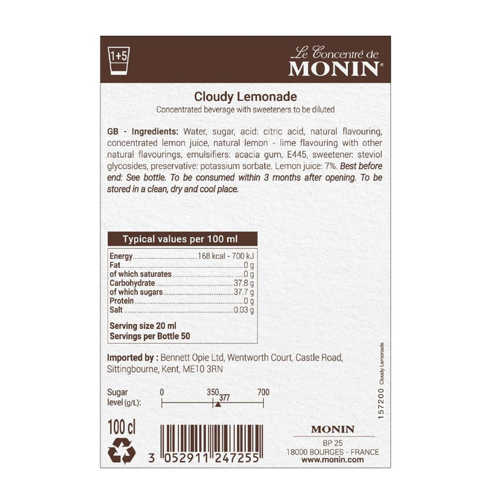 Monin Premium Cloudy Lemonade Concentrate 1Ltr Monin