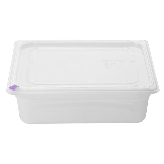 Capacity: 5.9Ltr. GN 1/2. Depth: 100mm. With lid and 7 colour clips.