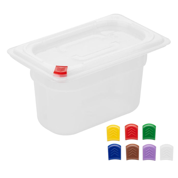 Hygiplas Click PP GN Container 1/9 with Lid & 7 Colour Clips 100mm 0.85Ltr (4 Pack) Hygiplas
