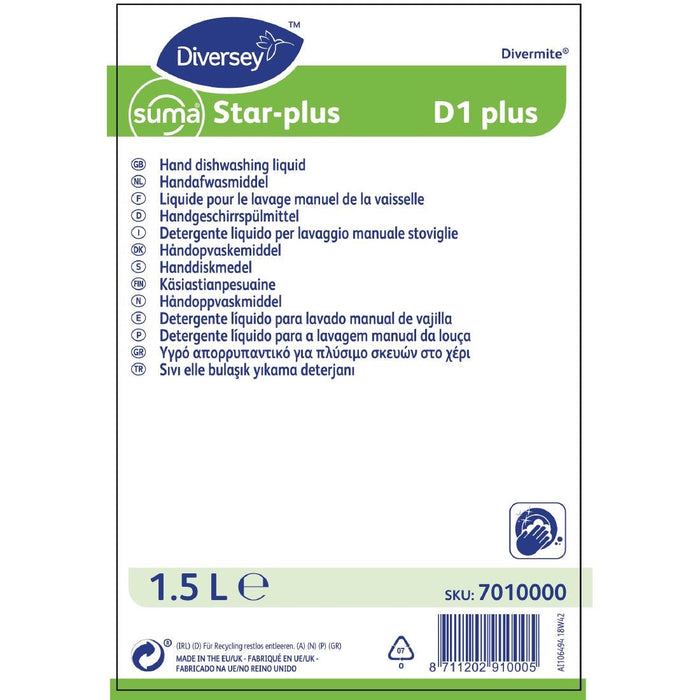 Suma Star-plus D1 Washing Up Liquid Concentrate 1.5Ltr Diversey