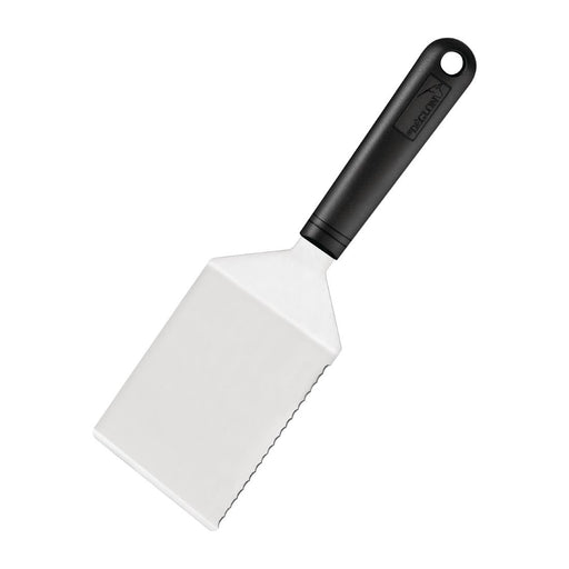 Stainless steel. Features a serrated edge.