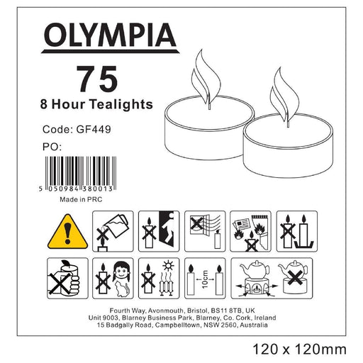 Olympia 8 Hour Tealights (75 Pack) Olympia