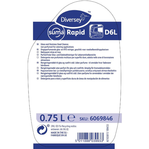 Suma Rapid D6L Glass and Stainless Steel Cleaner Ready To Use 750ml Diversey