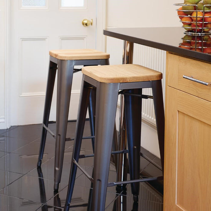 Bolero Bistro High Stools with Wooden Seat Pad Gun Metal (4 Pack) Bolero