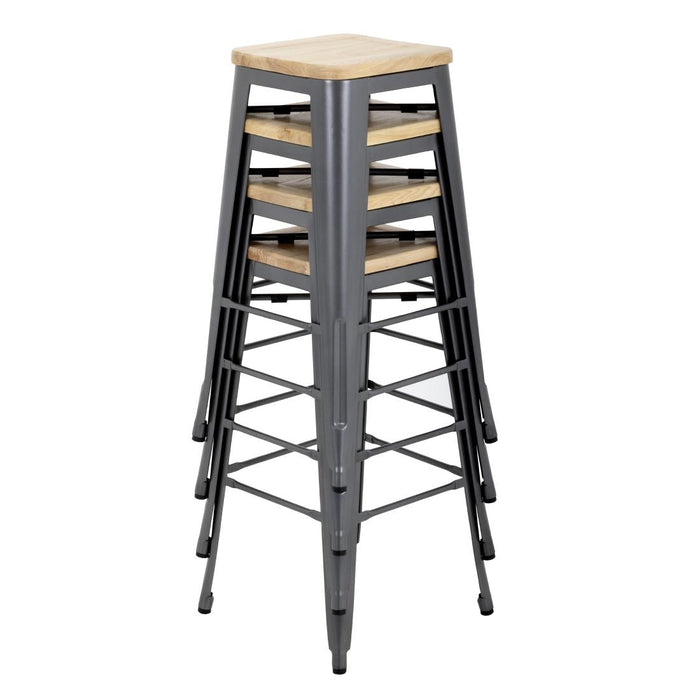 Bolero Bistro High Stools with Wooden Seat Pad Gun Metal (4 Pack) Bolero