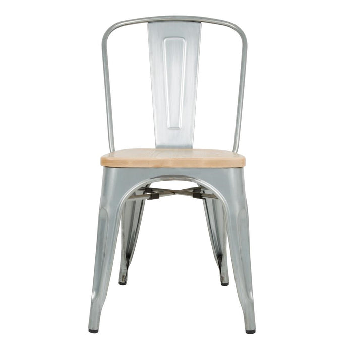 Bolero Bistro Side Chairs with Wooden Seat Pad Galvanised Steel (4 Pack) Bolero