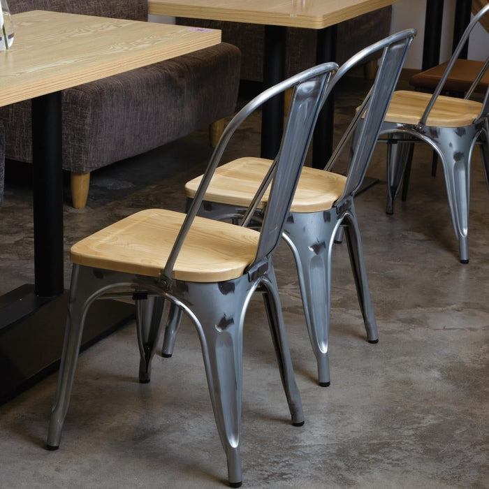 Bolero Bistro Side Chairs with Wooden Seat Pad Galvanised Steel (4 Pack) Bolero