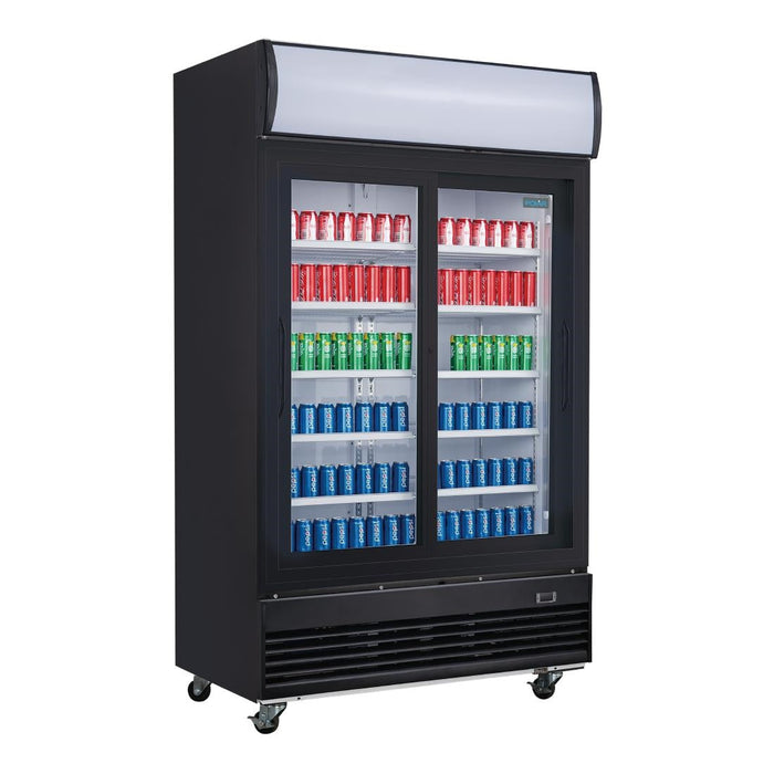 Polar G-Series Upright Sliding Door Display Cooler with Light Box 950Ltr Black Polar