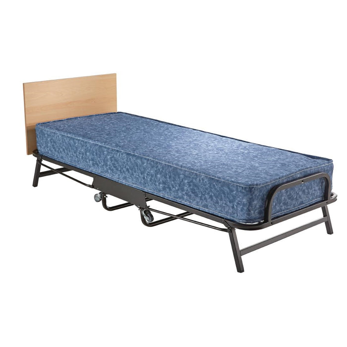 Steel frame. Polyester fabric. Single water resistant mattress.