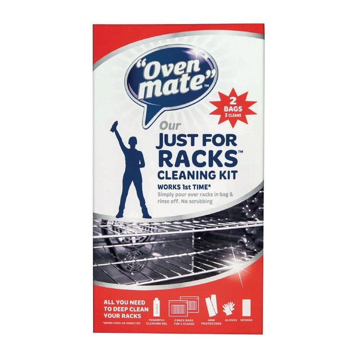 Includes 500ml Just for Racks cleaning gel, two rack bags for two cleans, arm protectors, gloves and sponge