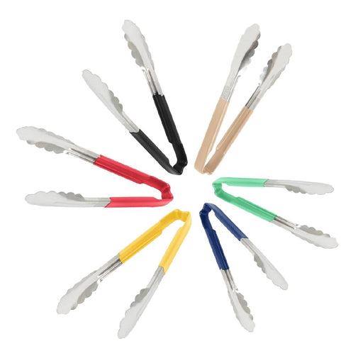 Includes red, yellow, brown, blue, green and black tongs