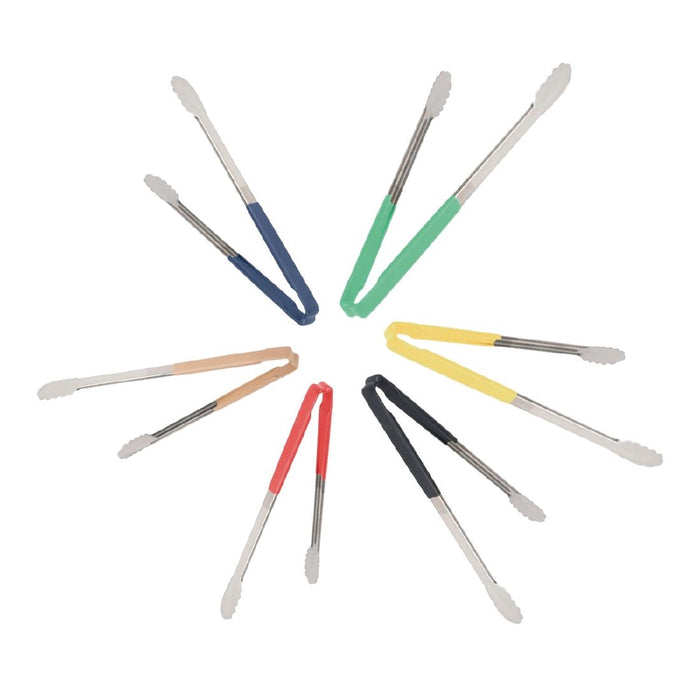 Includes red, yellow, brown, blue, green and black tongs