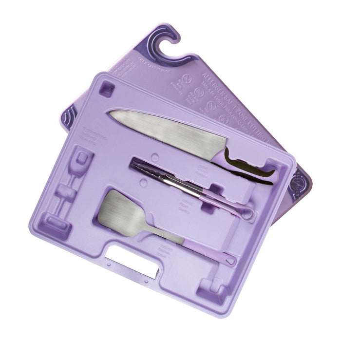 Contains: Cutting Board, Chef Knife, Tongs & Turner