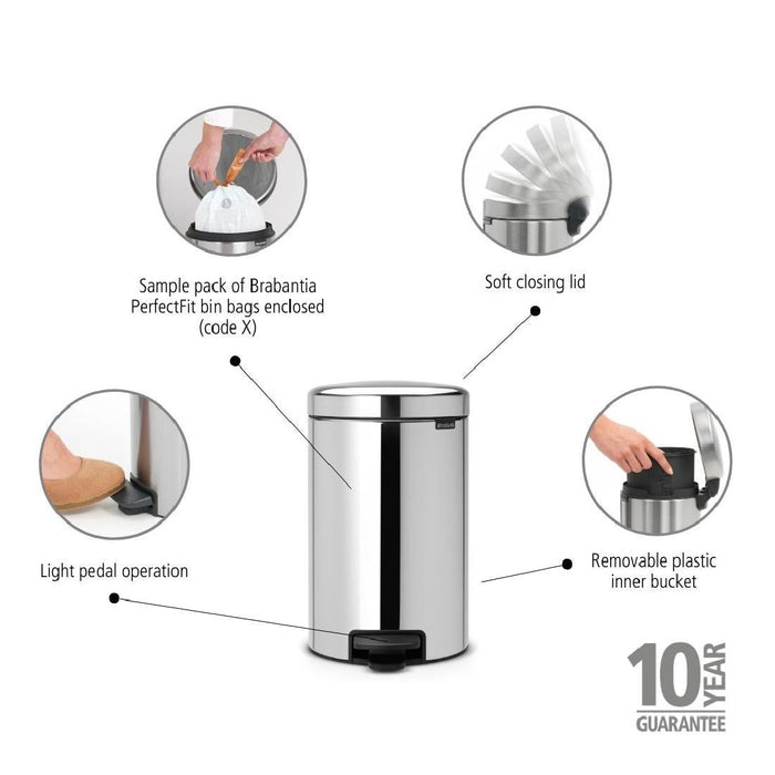 Brabantia NewIcon Pedal Bin Bucket Brilliant Steel 12Ltr Brabantia