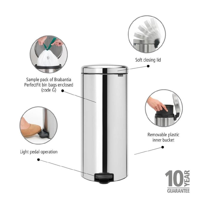 Brabantia NewIcon Pedal Bin Bucket Brilliant Steel 30Ltr Brabantia