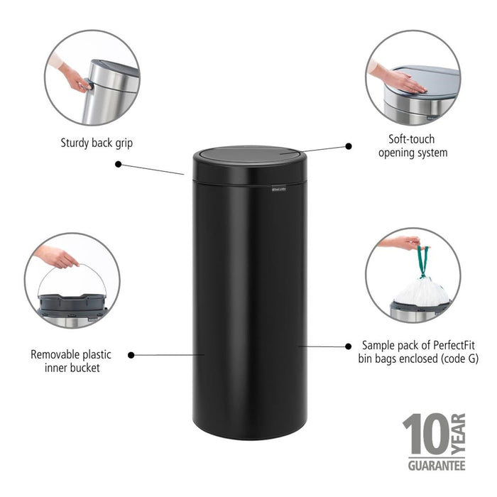 Brabantia Touch Bin Matt Black 30Ltr Brabantia