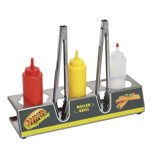 Includes 3 sauce bottles and 2 pairs of tongs