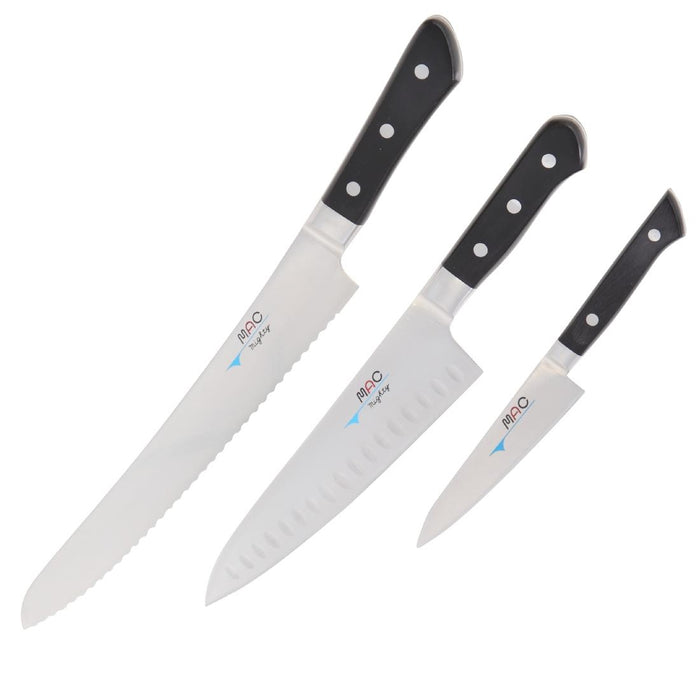 Contains: Bread/Roast knife 270mm, Chef Knife with Dimples 200mm & Paring Knife 125mm