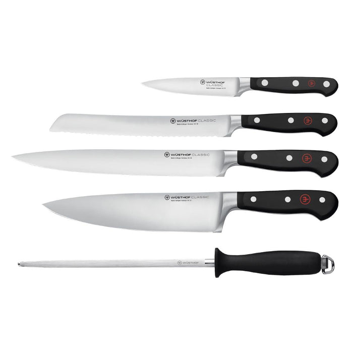 Contains: Paring, Bread, Carving, Chef Knives & Honing Steel. Packaged Length: 385mm