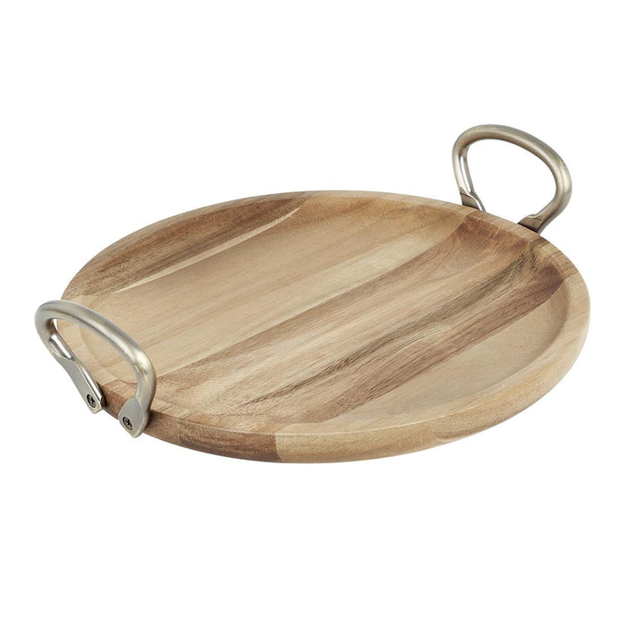Olympia Round Dish Acacia Wood Metal Handles 345x305x80mm Olympia