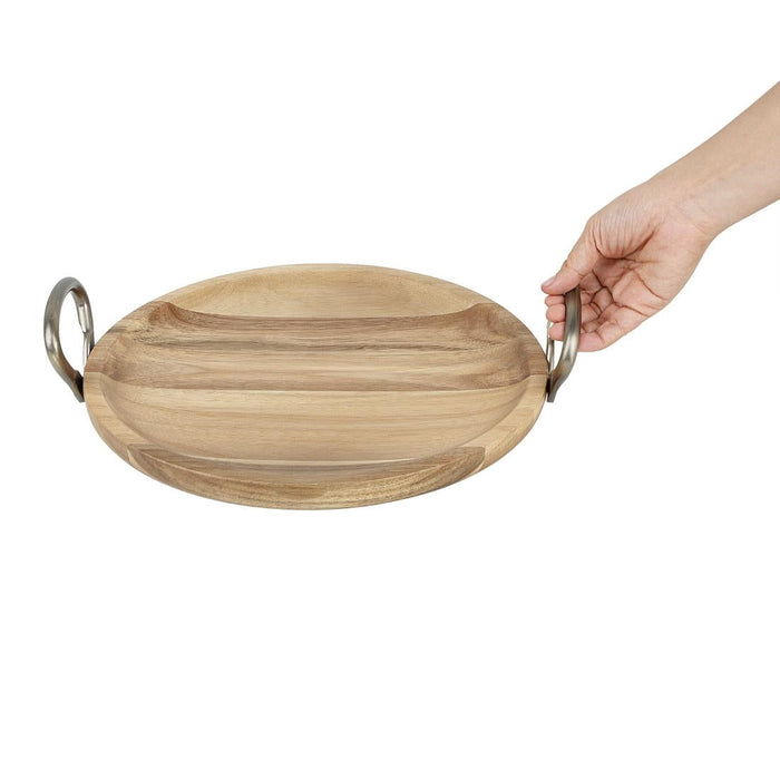 Olympia Round Dish Acacia Wood Metal Handles 345x305x80mm Olympia