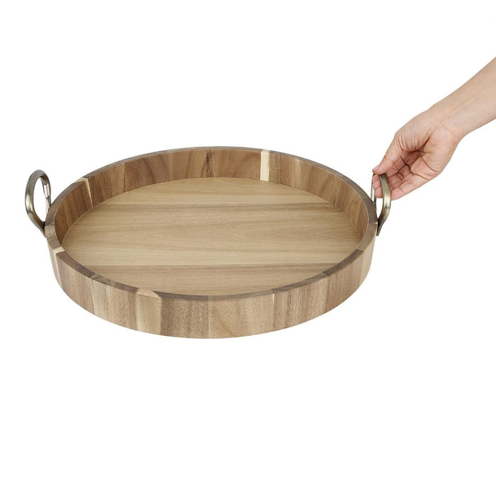 Olympia Round Tray Acacia Wood with Metal Handles 440x405x100mm Olympia