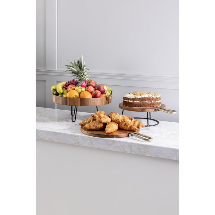 Olympia Round Tray Acacia Wood with Metal Handles 440x405x100mm Olympia