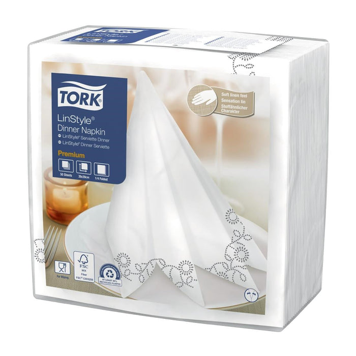 Tork Premium Linstyle 1/4 Fold Napkins White/Black 39x39cm (700 Pack) Tork