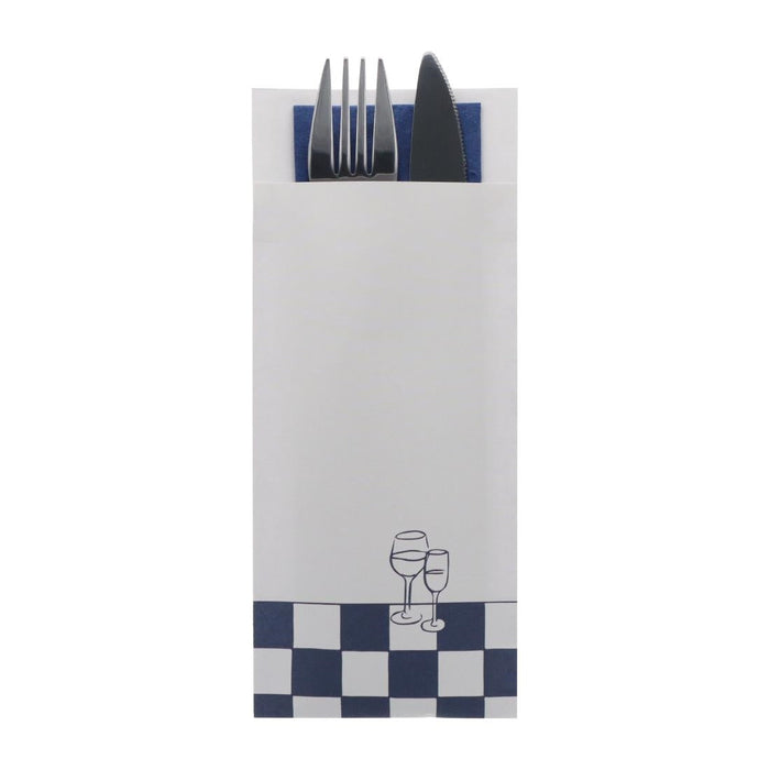 Europochette Classic Size Wine & Dine Cutlery Pouch with Blue 2ply Napkin (500 Pack) Europochette