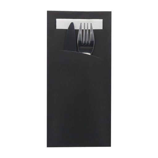 Europochette Extra Size Black Cutlery Pouch with White Airlaid Napkin (200 Pack) Europochette