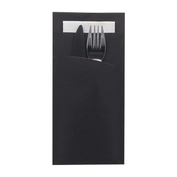Europochette Extra Size Black Cutlery Pouch with White Airlaid Napkin (200 Pack) Europochette