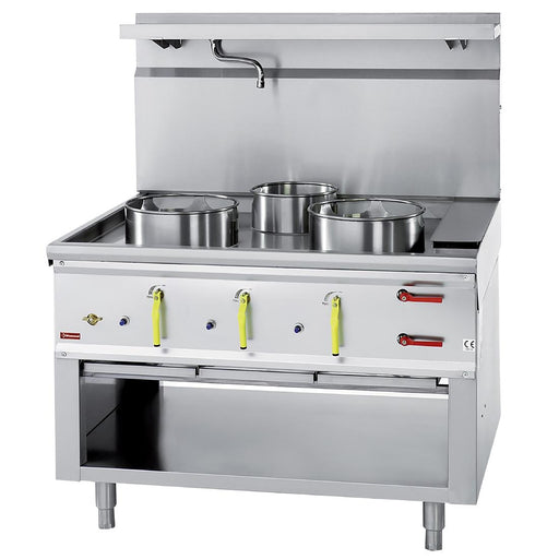 Wok burners: 2x Ø 290 mm. 21.44kW and 1x Ø 230 mm. 10.13kW. Special-to-order