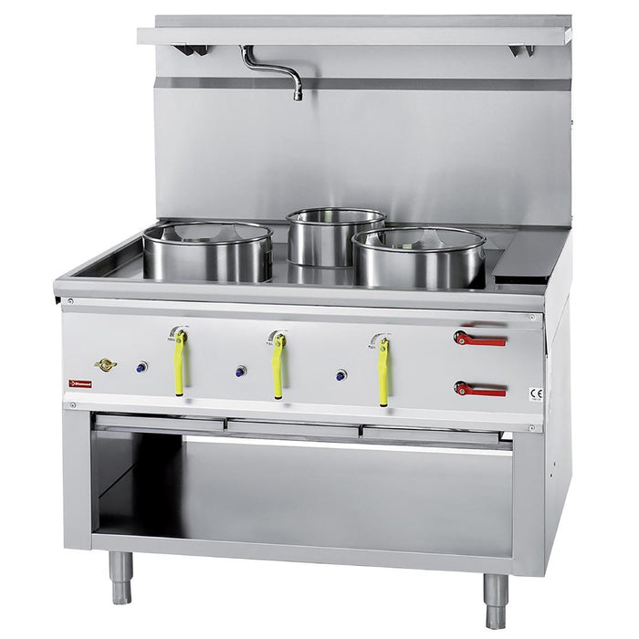 Wok burners: 2x Ø 290 mm. 21.44kW and 1x Ø 230 mm. 10.13kW. Special-to-order