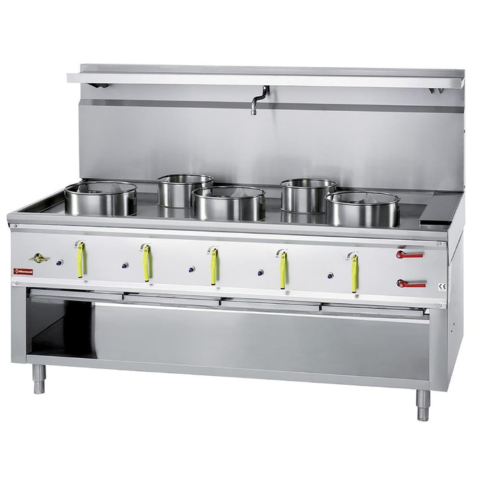 Wok burners: 3x Ø 290 mm. 21.44kW and 2x Ø 230mm. 10.13kW. Special-to-order