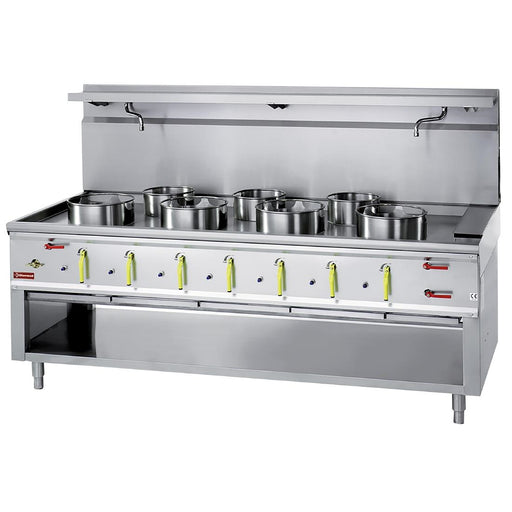 Wok burners: 4x Ø 290 mm. 21.44kW and 3x Ø 230 mm. 10.13kW. Special-to-order