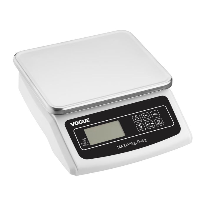 Capacity: 15kg. Graduation: 5g. Rechargeable battery