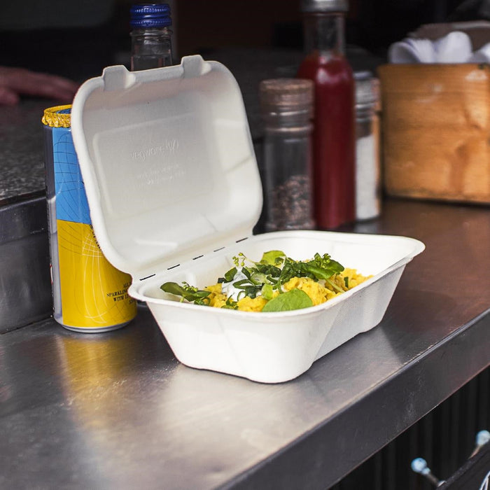 Vegware Compostable Bagasse Clamshell Hinged Meal Boxes 7"x 5" (500 Pack) Vegware
