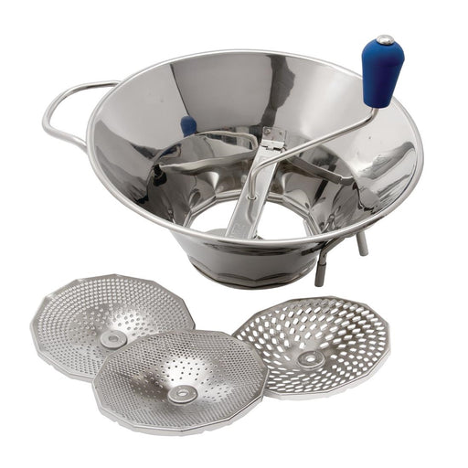 Stainless steel. Size: 12 1/2"/ 310mm. Comes supplied with three different sizes of sieve.
